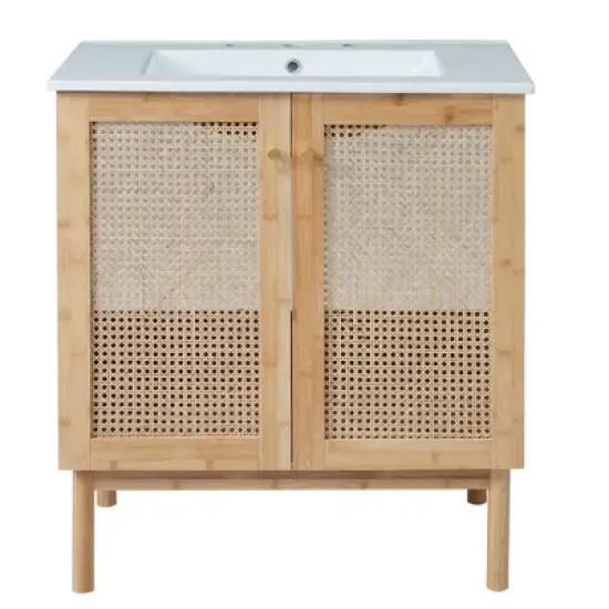 LOVSON 30''bathroom vanity crafted from natural materials, featuring handmade rattan doors and soft-closing mechanisms image {10}