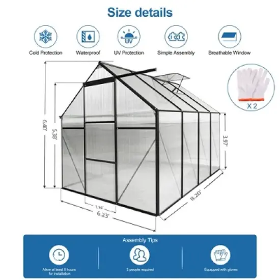 6x8 FT Polycarbonate Greenhouse Raised Base and Anchor Aluminum Heavy Duty Walk image {4}