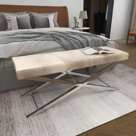 Contemporary Stainless Steel Cowhide X-Bench Beige - Olivia & May image {14}