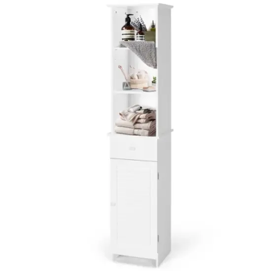 Costway Bathroom Tall Storage Cabinet Freestanding Linen Tower w/ Open Shelves & Drawer image {9}