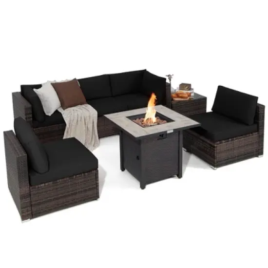 Costway 7PCS Patio Rattan Furniture Set 30'' Fire Pit Table Cover Cushion Sofa Off White\Black\Navy\Red\Turquoise image {2}