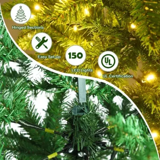 Costway 5/6/7 Ft Pre-lit Artificial Pencil Christmas Tree Hinged Fir PVC Tree with 150/250/350 LED Lights image {6}