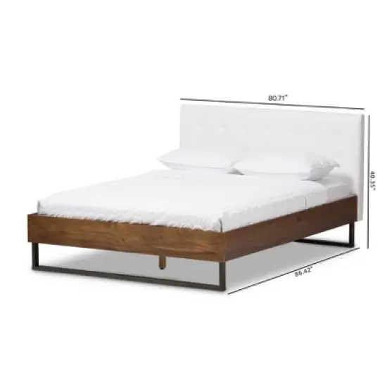 King Mitchell Rustic Industrial Walnut Wood and Faux Leather Metal Platform Bed White - Baxton Studio image {8}