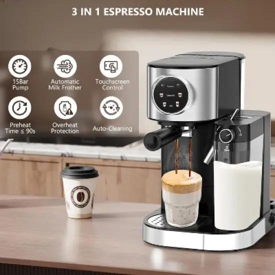 Kismile Espresso Machine 20Bar, Cappuccino Machine with Automatic Milk Frother,3 in 1 Professional Espresso Maker with Capsule Compatible image {2}