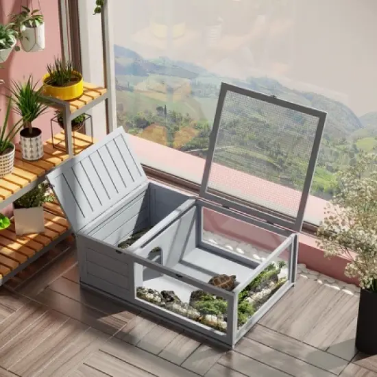 PawHut Wooden Tortoise House Indoor Turtle Habitat Enclosure Outdoor Reptile Cage for Lizards, Geckos image {2}