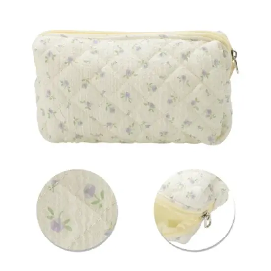 Unique Bargains Purple Flowers Makeup Bag Beige 1 Pc image {3}