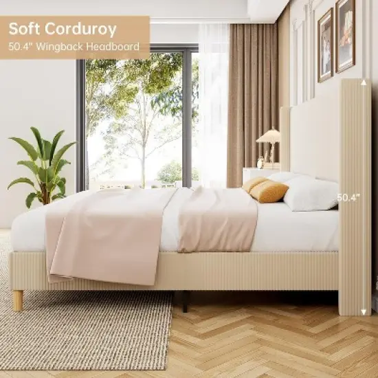 Bed Frame, Upholstered Platform Corduroy Bed Frame with Vertical Channel Tufted Wingback Headboard, Strong Wooden Slats, No Box Spring Needed image {3}