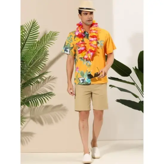 Lars Amadeus Men's Hawaiian Shirt Short Sleeves Summer Patchwork Floral Leaf Shirts image {2}