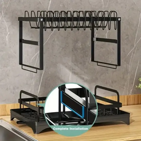 Fortune Candy 11.41'' Tall 2 Tier Dish Drying Rack, Large apacity, Black image {7}