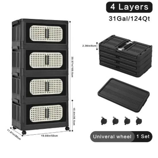 Foldable Storage Cabinet with Rattan-Style Doors, Stackable Plastic Organizer with Brake Casters Black image {2}