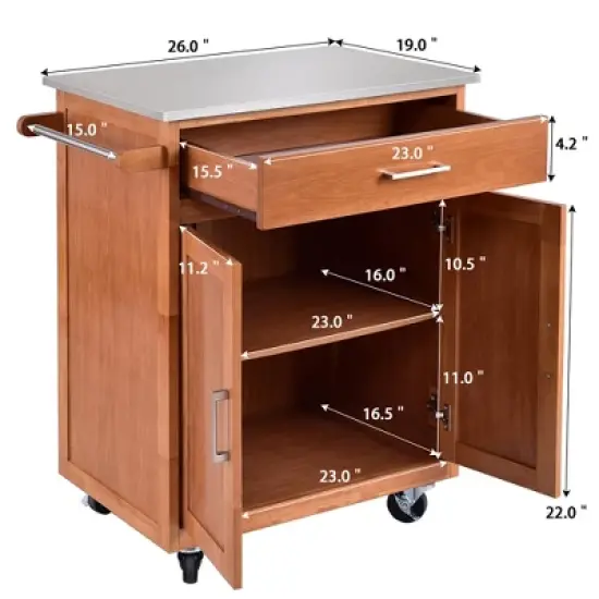 Costway Wood Kitchen Trolley Cart Stainless Steel Top Rolling Storage Cabinet Island image {3}