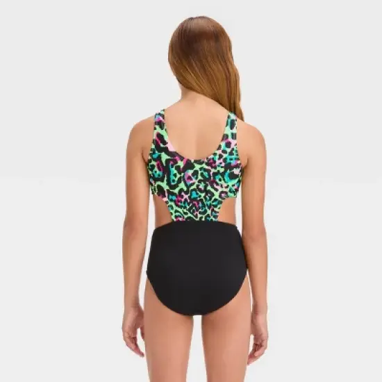Girls' 'Wild Cat' Cheetah Printed One Piece Swimsuit - art class&trade; Black image {2}