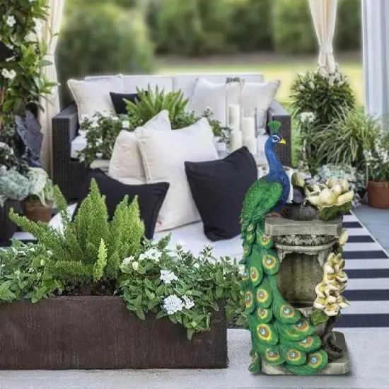 LuxenHome Resin Blue and Green Peacock Outdoor Fountain Garden Fountain with LED Light image {10}
