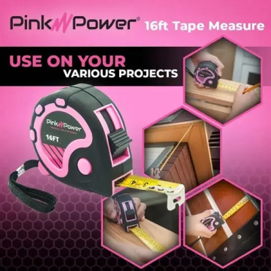 Pink Power 16ft Pink Tape Measure - Measuring Tape for Women's Tool Kit with Retractable Blade and Lock Button - Girls Lightweight Measurement Tool image {2}