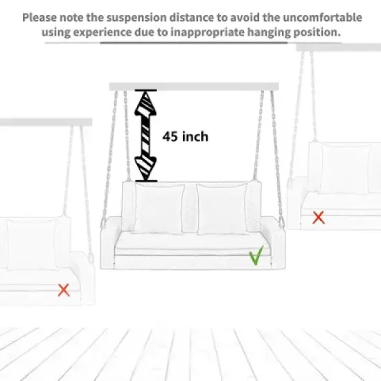 FIONECA 2-Person Wicker Hanging Porch Swing with Cushion & Pillow, Outdoor Rattan Swing Bench with Chains for Garden, Backyard, Pond (Brown/Beige) image {6}