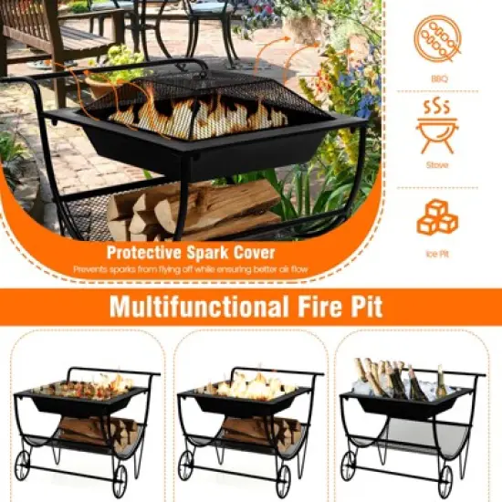 Tangkula 21.5" Fire Pit & Firewood Log Rack Outdoor Square Firepit & Firewood Holder with Spark Screen Rolling Wheels image {6}
