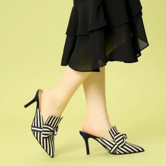 Allegra K Women's Stripe Bow Slip on Stiletto Heel Slides Mules image {1}