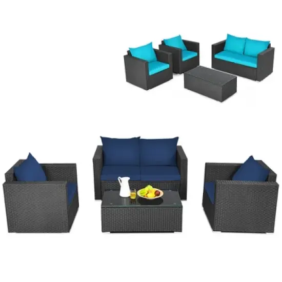 Costway 4PCS Patio Rattan Furniture Set Cushioned Sofa Loveseat with Navy & Turquoise Cover image {1}