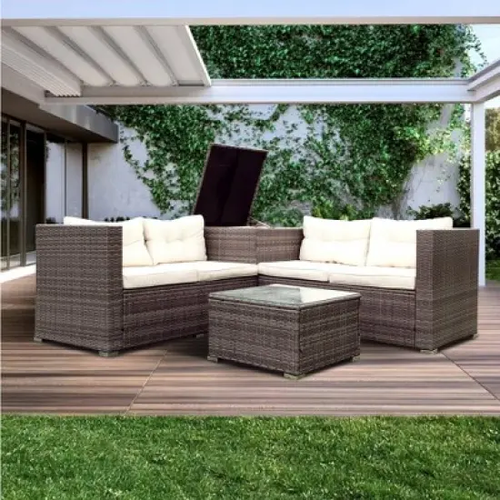4pc Wicker Patio Sectional Seating Set with Cushions - Gray/Beige - GODEER image {2}