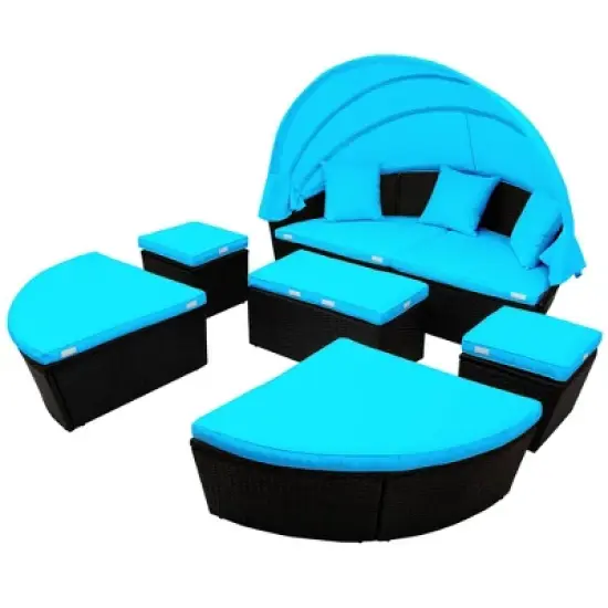 6pc Wicker Round Outdoor Sectional Set with Cushions - Black/Blue - GODEER image {11}