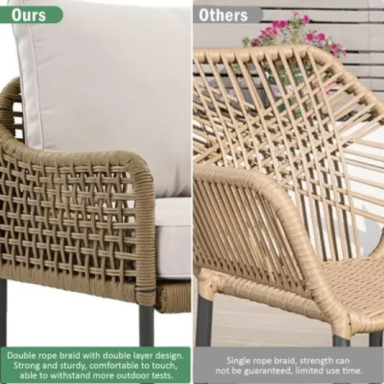 KTMBDW 6-Piece Rope Patio Furniture L-Shaped Set, Outdoor Sectional Sofa Set with Acacia Wood Table with Ice Box, Rope Benches for Garden, Porch, Deck image {7}