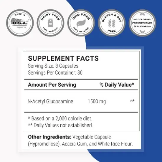 SuperSmart NAG Supplement 1500mg per Day (N-Acetyl Glucosamine) - High Absorption Glucosamine Sulfate | Non-GMO & Gluten Free - 90 Vegetarian Capsules image {3}