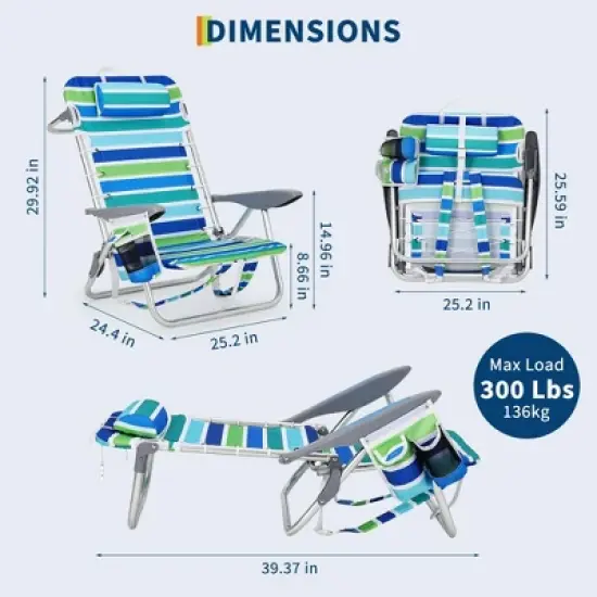 Backpack Beach Chair for Adults 2 PCS, Lightweight Portable Lay Flat Folding Beach Chair with 5 Reclining Positions, Backpack Straps, Phone Pocket image {3}