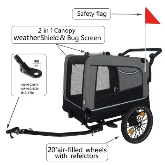 2-in-1 Bike Trailer & Push Cart for Pets - Detachable Bike Hitch & Push Handle Included - All-Terrain Wheels,Holds Pets Up to 88 lbs image {3}
