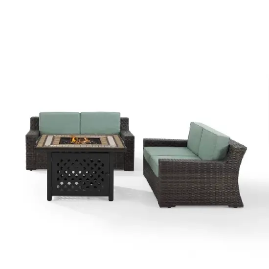 Beaufort 3 Pc Outdoor Wicker Conversation Set - 2 Loveseats with Fire Table - Mist/Brown - Crosley image {1}