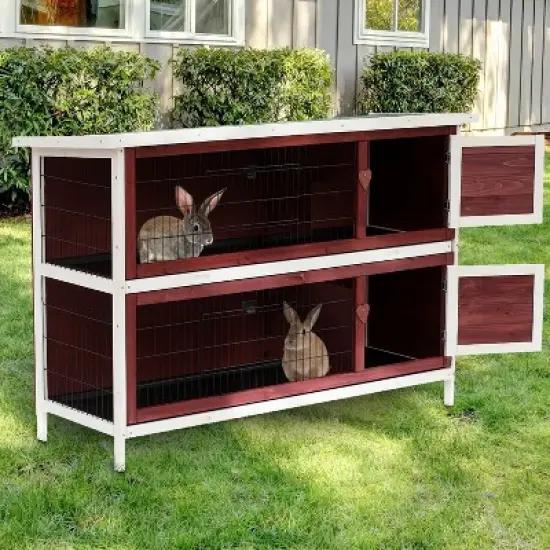 PawHut 54" 2-Story Rabbit Hutch Bunny Cage With Openable Roof, No Leak Tray and Fun Enclosed Run, Indoor/Outdoor image {2}