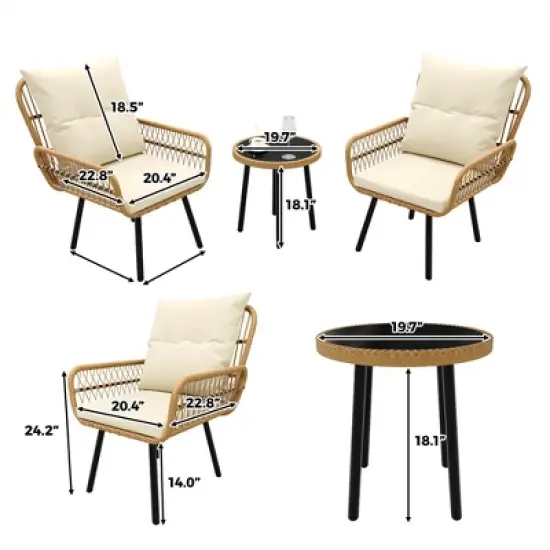 3-Piece Wicker Patio Set, Rattan Chairs w/Cushions and Glass Table - All-Weather for Poolside/Garden/Backyard, Beige image {1}