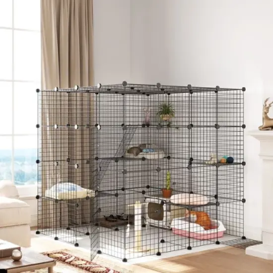 PawHut Cat Cage Indoor, DIY 4 Tier Cat Enclosure with Ramps, Jumping Platforms, Doors, for 1-3 Cats, 3 x 3 x 4, Black image {6}