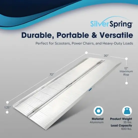 Silver Spring Mobility and Utility Ramp, 6 Foot Long Single Folding Textured Aluminum Surface, 600 lb Capacity with 2 Inch Side Rails, Silver image {2}