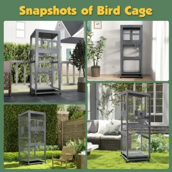 Sandinrayli 68"H Large Wood Bird Cage on Wheels, Outdoor Bird Aviary Indoor Wooden Large Bird Cage Parakeet Cage with Feeder, Gray image {9}
