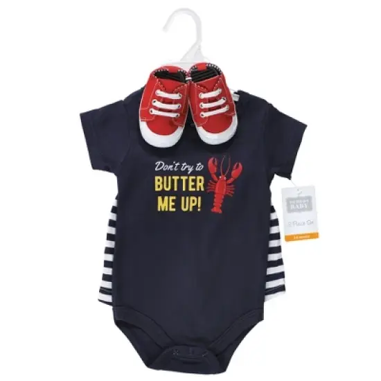 Hudson Baby Infant Boy Cotton Bodysuit, Shorts and Shoe Set, Butter Me Up Lobster image {1}