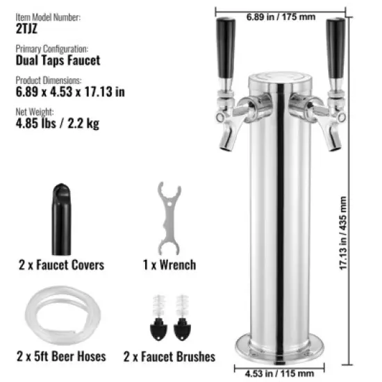 VEVOR Dual Taps Draft Beer Tower Dispenser, Stainless Steel Keg Beer Tower, Kegerator Tower Kit with Pre-Assembled Tubing image {7}