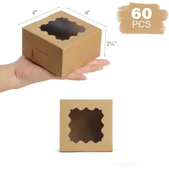 LotFancy 60Pcs Bakery Boxes with Window, 4x4x2.3 in Pastry Boxes for Cookies, Macarons,Brown image {1}