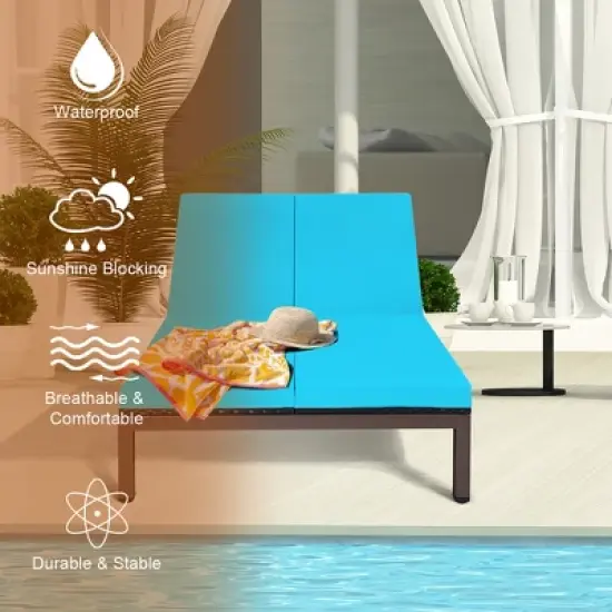 Costway 2-Person Patio Rattan Lounge Chair Chaise Recliner Adjustable Cushion Turquoise image {5}