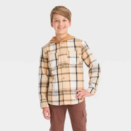 Boys' Long Sleeve Plaid Hoodie Shacket - Cat & Jack&trade; Beige image {3}
