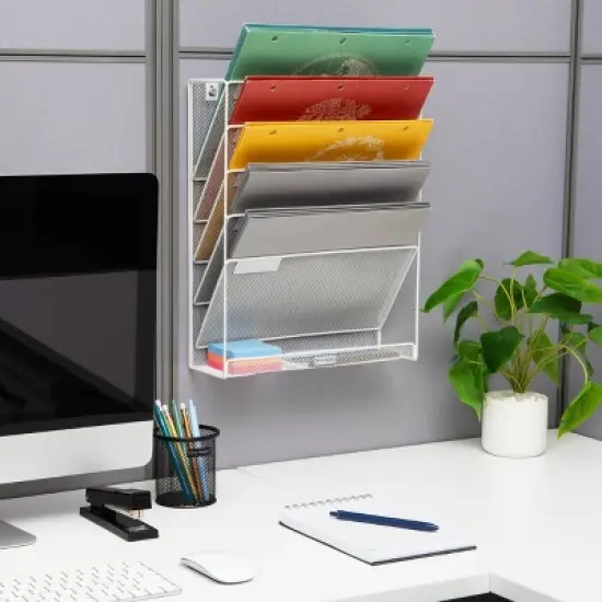 Mind Reader 5-Tier Vertical File Storage, Desktop Organizer, Wall Mount, Office, Metal Mesh, 12.75"L x 4"W x 16"H, White image {1}