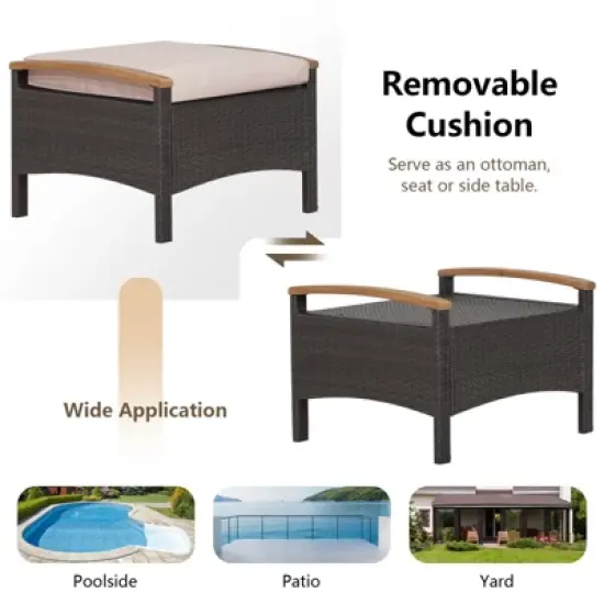 Tangkula Outdoor PE Wicker Ottoman Set of 2 Patio Rattan Footrest Seat with Soft Cushions & Curved Acacia Wood Handles Beige/Navy Blue/Red/Off White image {5}