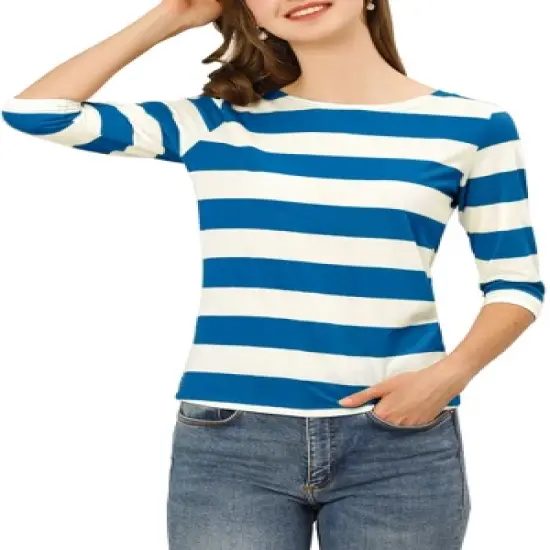 Allegra K Women's Elbow Sleeves Casual Basic Boat Neck Slim Fit T-Shirts image {6}
