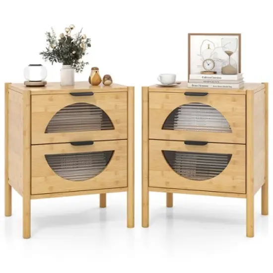 Costway 1/2 PCS Bamboo Nightstand with 2 Storage Drawers & Reeded Tempered Glass Fronts Bedroom image {11}
