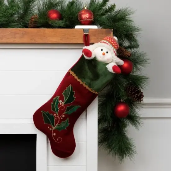 Northlight 21" Red and Green Holly Embroidered Velvet Christmas Stocking image {1}