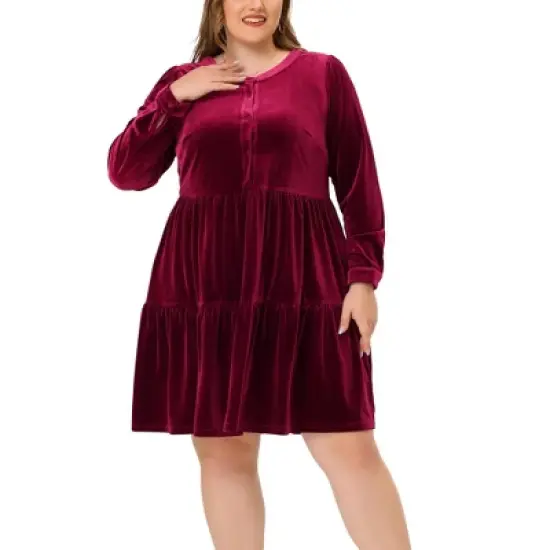 Agnes Orinda Women's Plus Size Velvet Winter Half Placket Pleat Long Sleeve Babydoll Dress image {6}