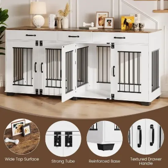 Nasitip 71'' Dog Crate Furniture for 2 Dogs, Wooden Double Dog Crate with 3 Drawers and Removable Room Divider for Large Medium Dogs image {3}