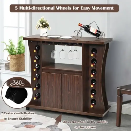 Costway Rolling Buffet Sideboard Wooden Bar Storage Cabinet w/ Wine Rack & Glass Holder image {5}