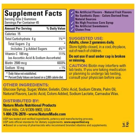 Nature Made Hair, Skin & Nails 2500 mcg Gummies - Mixed Berry - 90ct image {3}