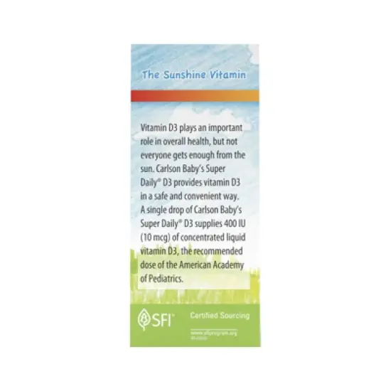 Carlson - Baby's Super Daily D3, Vitamin D Drops, 400 IU (10 mcg) per Drop, Vegetarian, Unflavored image {1}