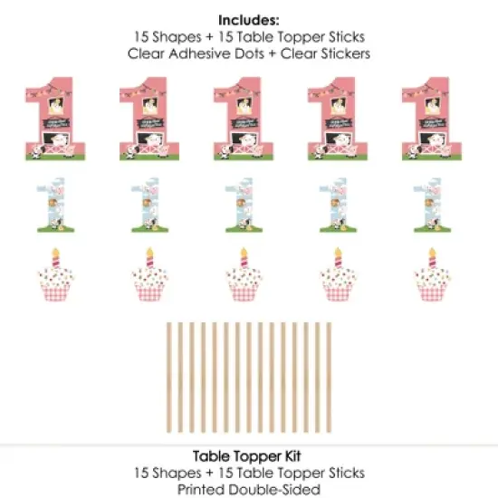 Big Dot of Happiness 1st Birthday Girl Farm Animals - Pink Barnyard First Birthday Party Centerpiece Sticks - Table Toppers - Set of 15 image {5}